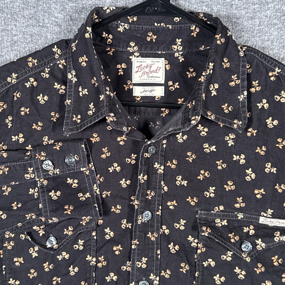 Lucky Brand Western Shirt Mens Large Black Corduroy Floral Long Sleeve Button